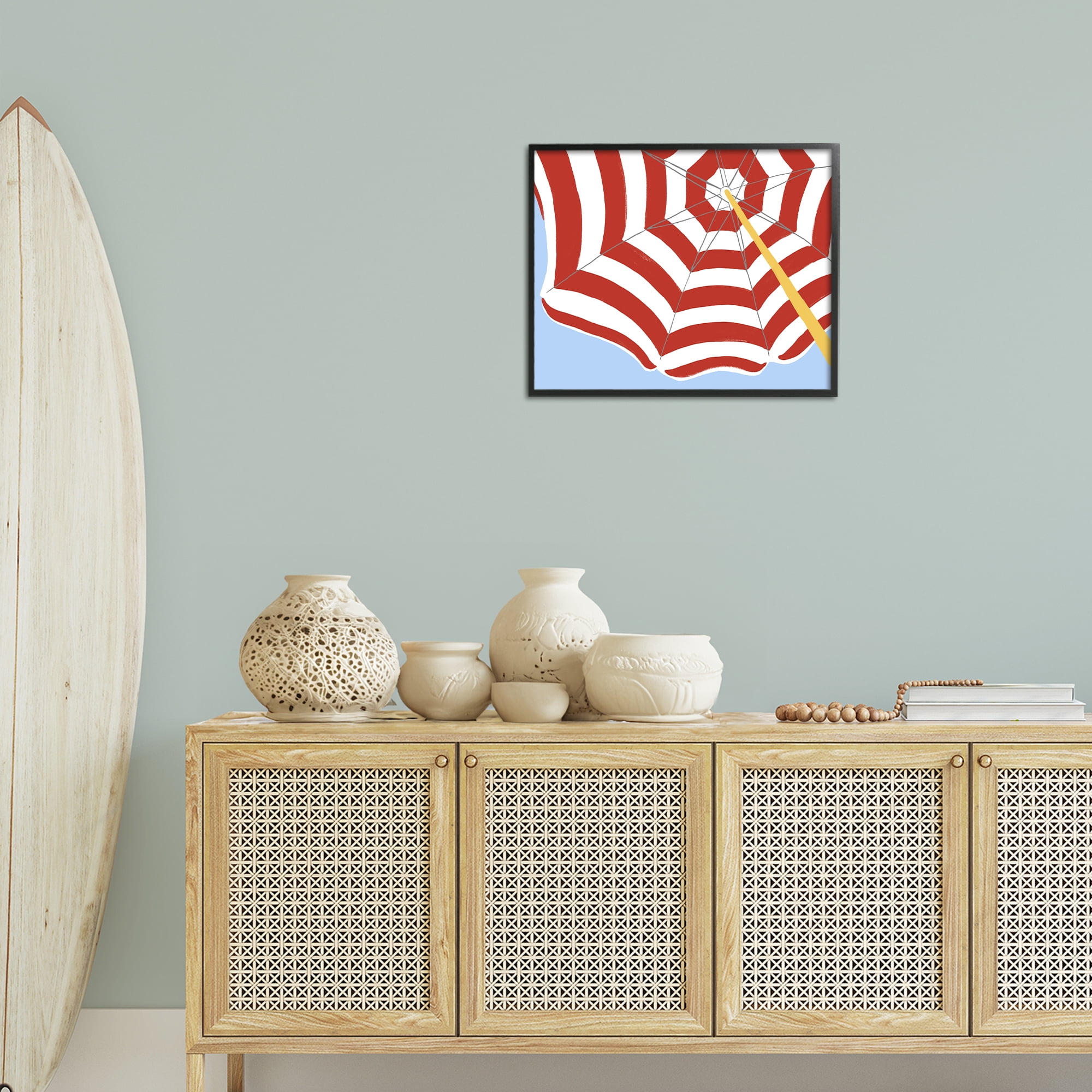 Stupell Industries Red & White Umbrella Coastal Painting Black Framed Art Print Wall Art, 20 x 16