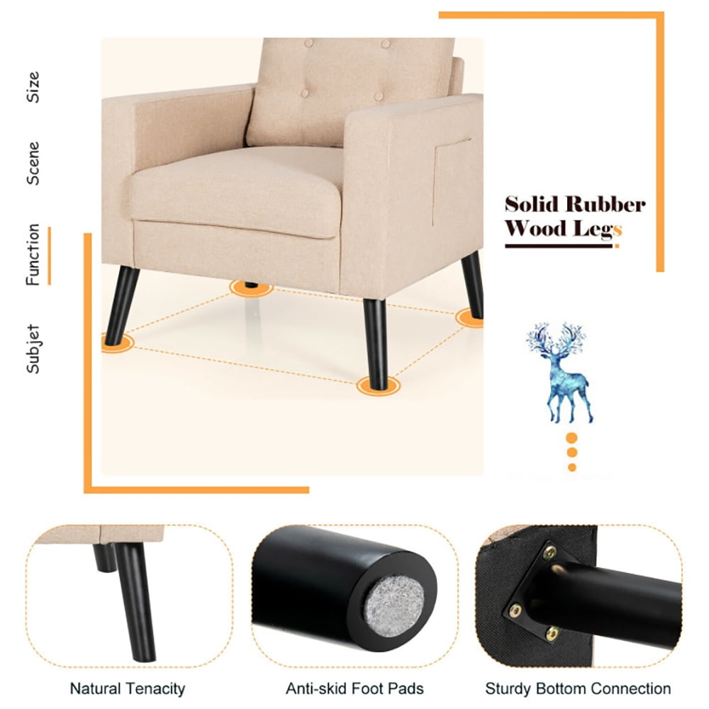 Finihen Upholstered Armchair Chair, Mid-Century Upholstered Armchair Club Chair with Rubber Wood Legs, for Living Room, Bedroom, Beige