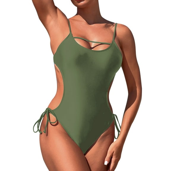 QHFBli Womens One Piece Swimsuit 2025 Women's Solid Color Swimsuit Women's Suspender Hollow Integrated Swimsuit