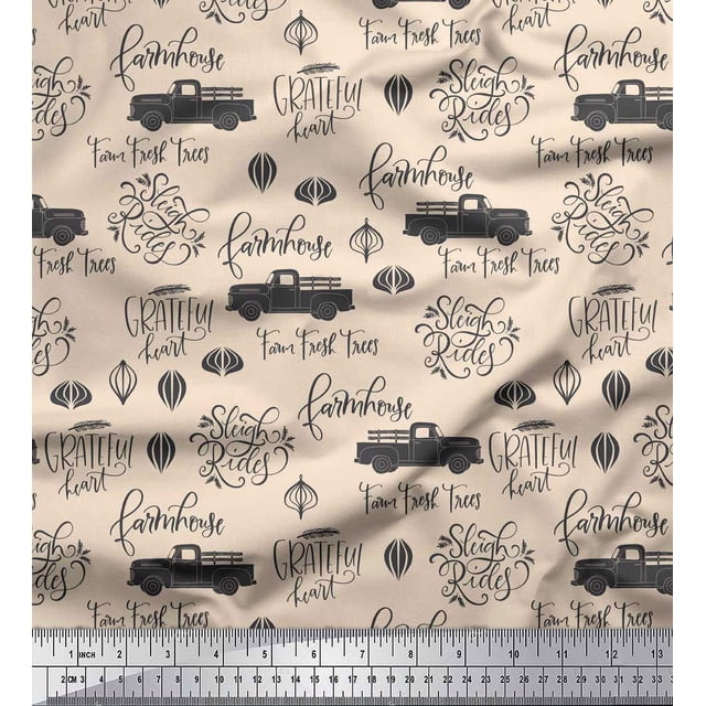 Soimoi White Modal Satin Fabric Cartruck & Farmhouse Text Print Sewing Fabric Yard 42 Inch Wide