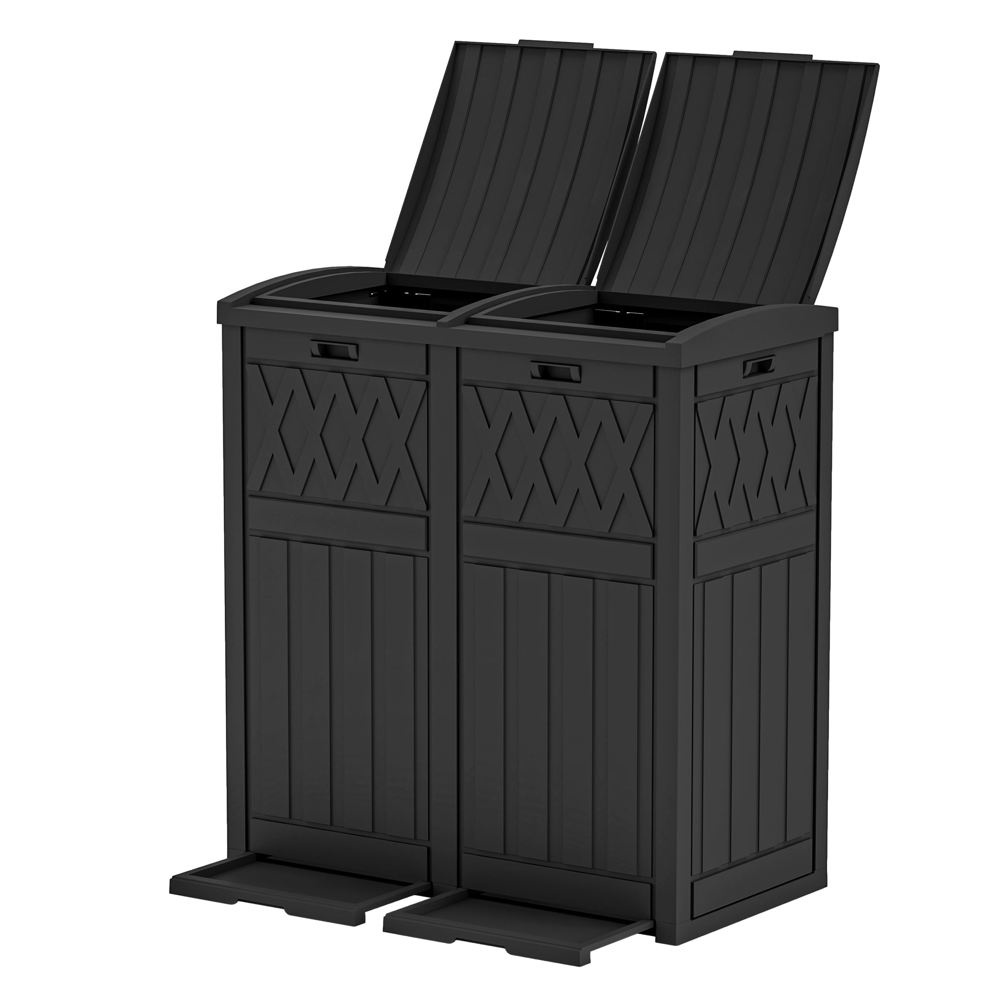 Uforic 66 Gallon Double Compartment Outdoor Trash Can, Waterproof Resin with Lid & Drip Tray, Black