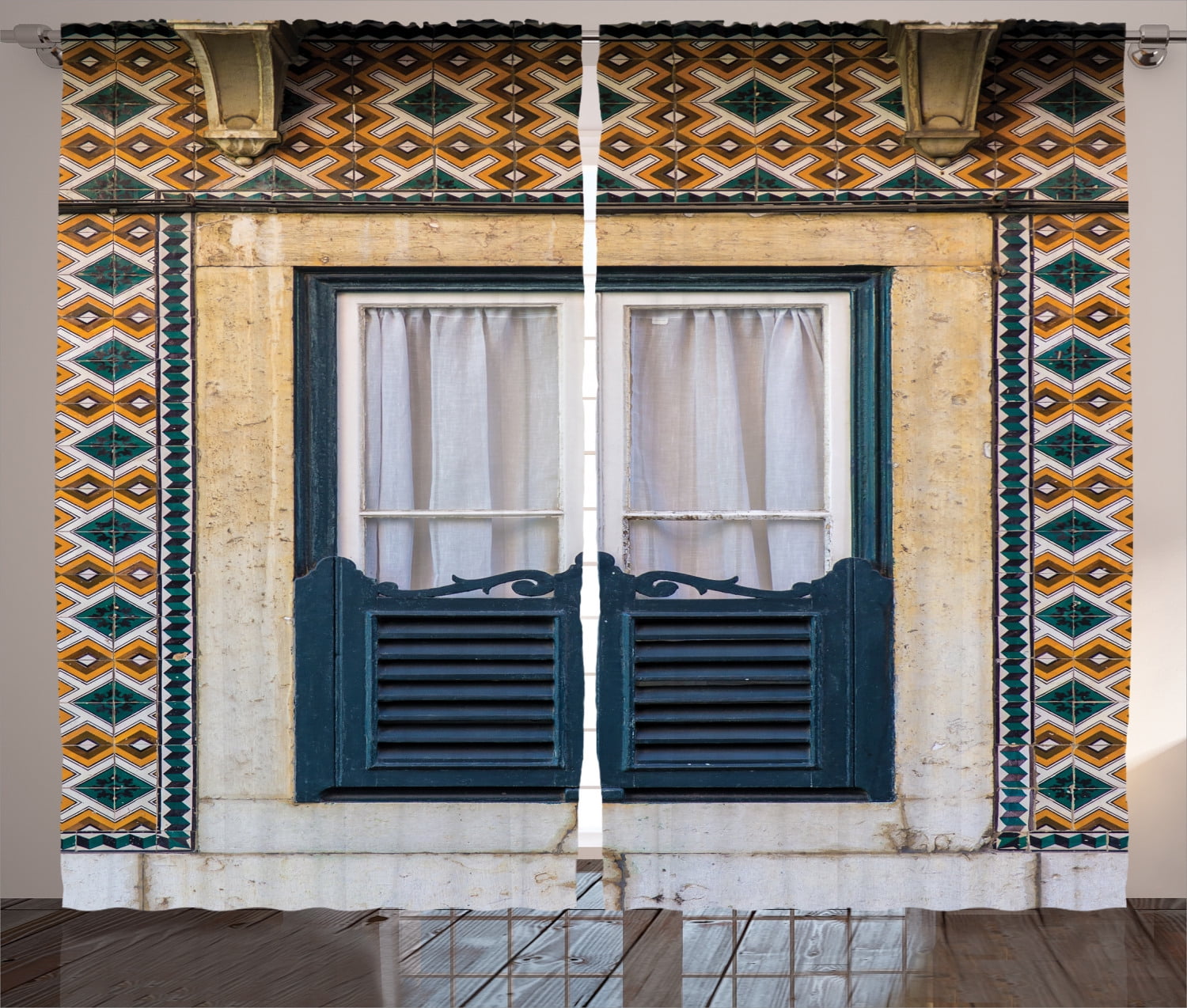 Shutters Decor Curtains 2 Panels Set, Window of Old Architecture in