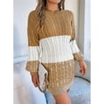 thumbnail image 6 of Women'S Autumn Winter Elegant Patchwork Lantern Sleeve Cable Knit Sweater Dress Khaki M, 6 of 7