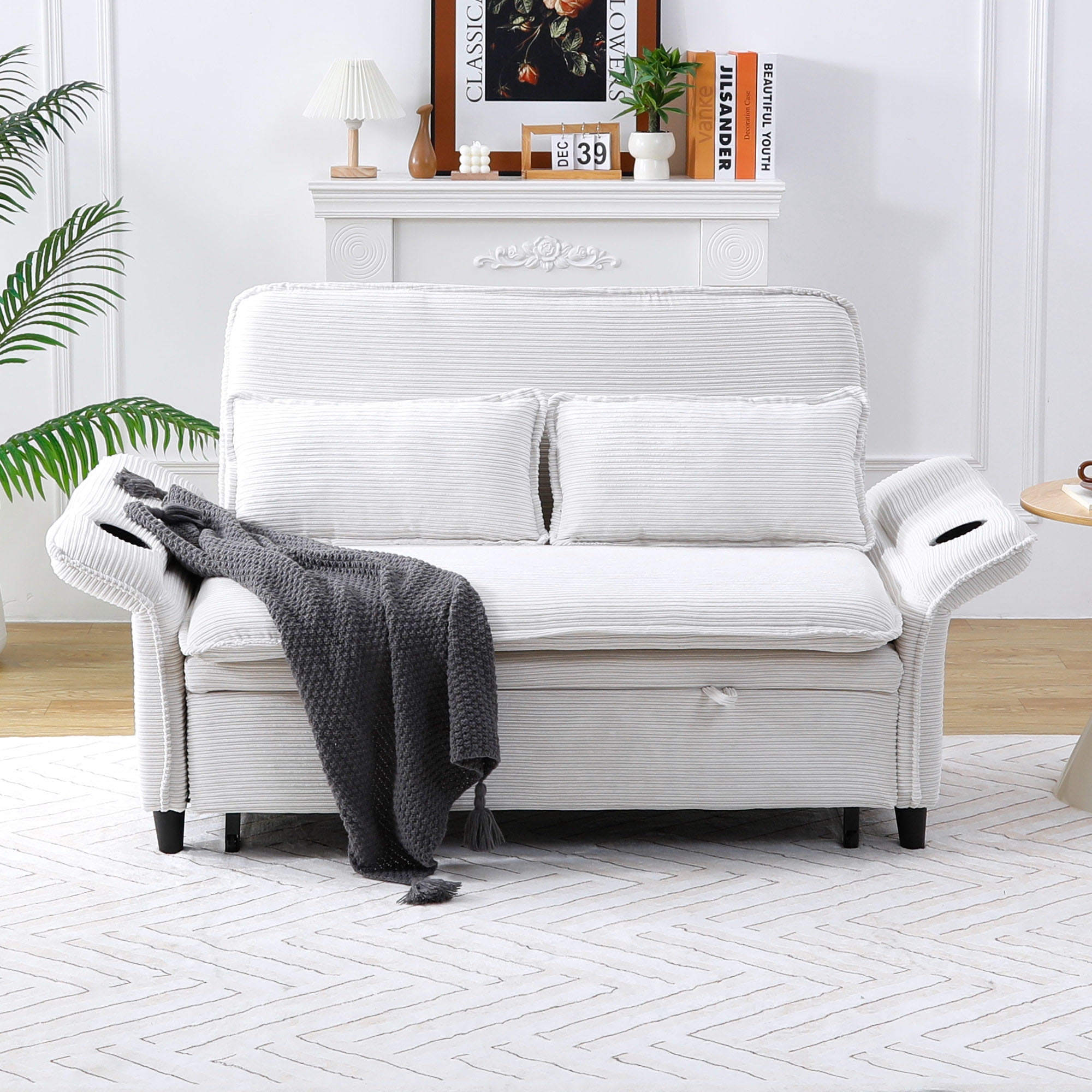3-in-1 Convertible Sofa Bed,Modern Corduroy Sleeper Sofa with Pull Out Bed,Loveseat Couch with Adjustable Armrest for Living Room,Beige
