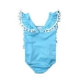 thumbnail image 3 of Styles I Love Little Kid Girls Ruffle Pom Pom Tassel One-Piece Swimsuit Bathing Suit Beach Pool Party Swimwear (Blue, 120/4-5 Years), 3 of 6