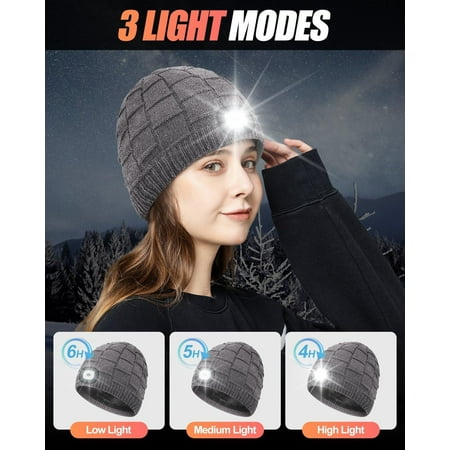 TRHOO-Unisex Plush Beanie with Light Fleece Lined USB Rechargeable LED Headlamp Hat Christmas Stocking Stuffers Gifts Warm Knitted Cap for Men Women Dad Mom Hatlight for Fishing Hiking Hunting Gra