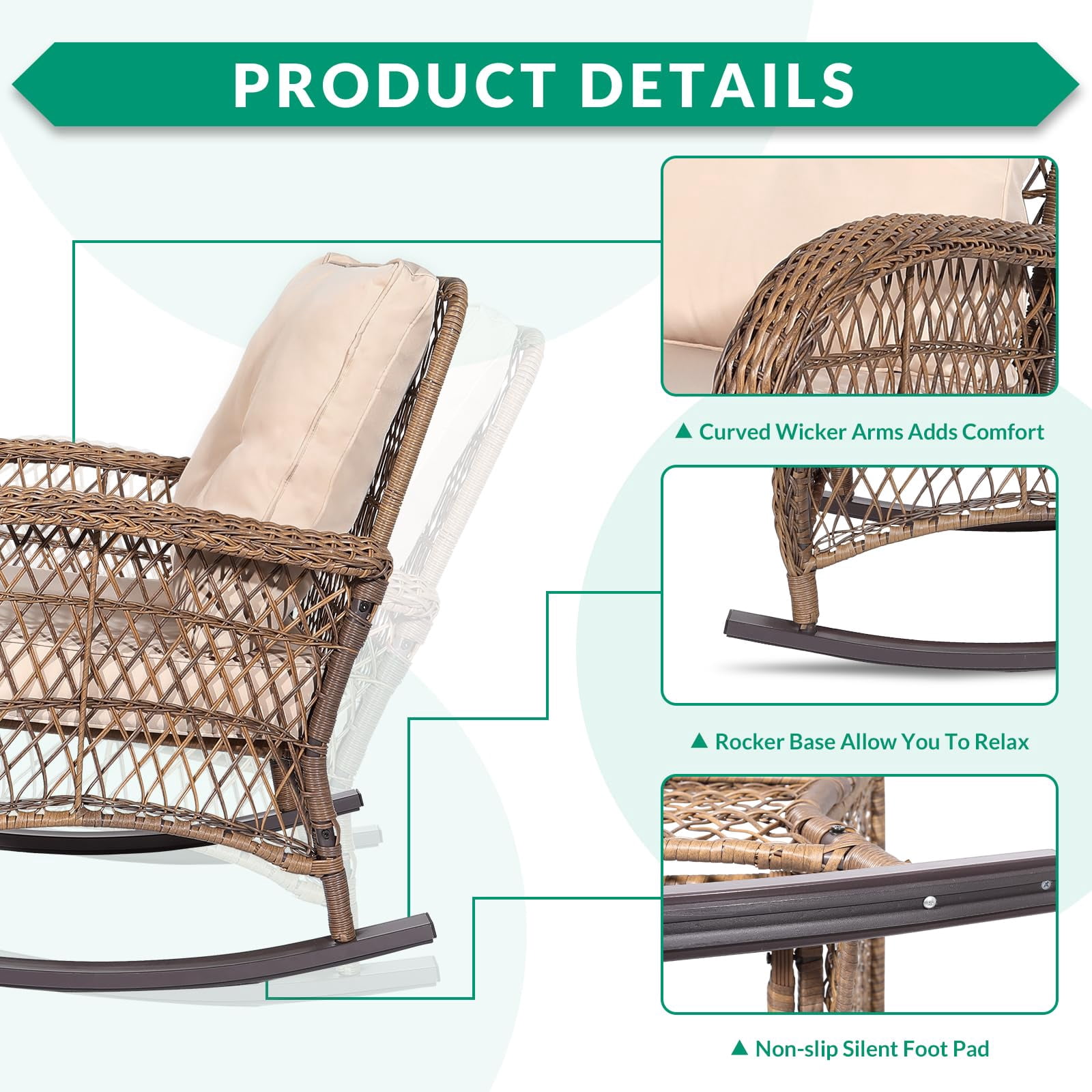 VIVIJASON 5-Piece Outdoor Patio Wicker Conversation Sets, All Weather Outdoor Rattan Furniture Set Includes Glider Loveseat, 2 Coffee Table, 2 Rocking Chairs with Cushions for Backyard, Light Brown