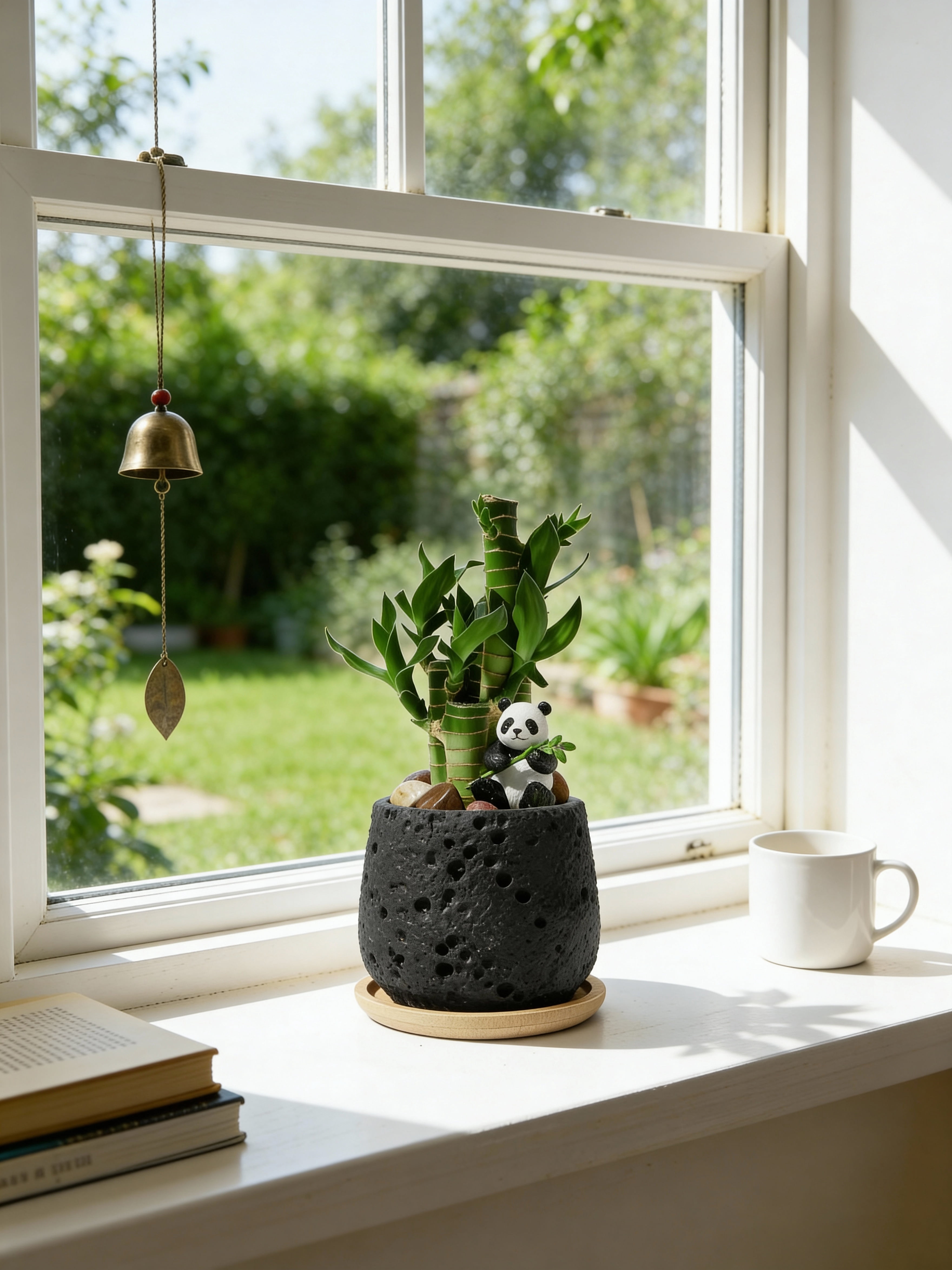 Cute Panda Lucky Bamboo Plant – 5 Stalk Feng Shui Indoor Tabletop Plant in Volcanic Rock Pot, Office & Home Decor（Black）