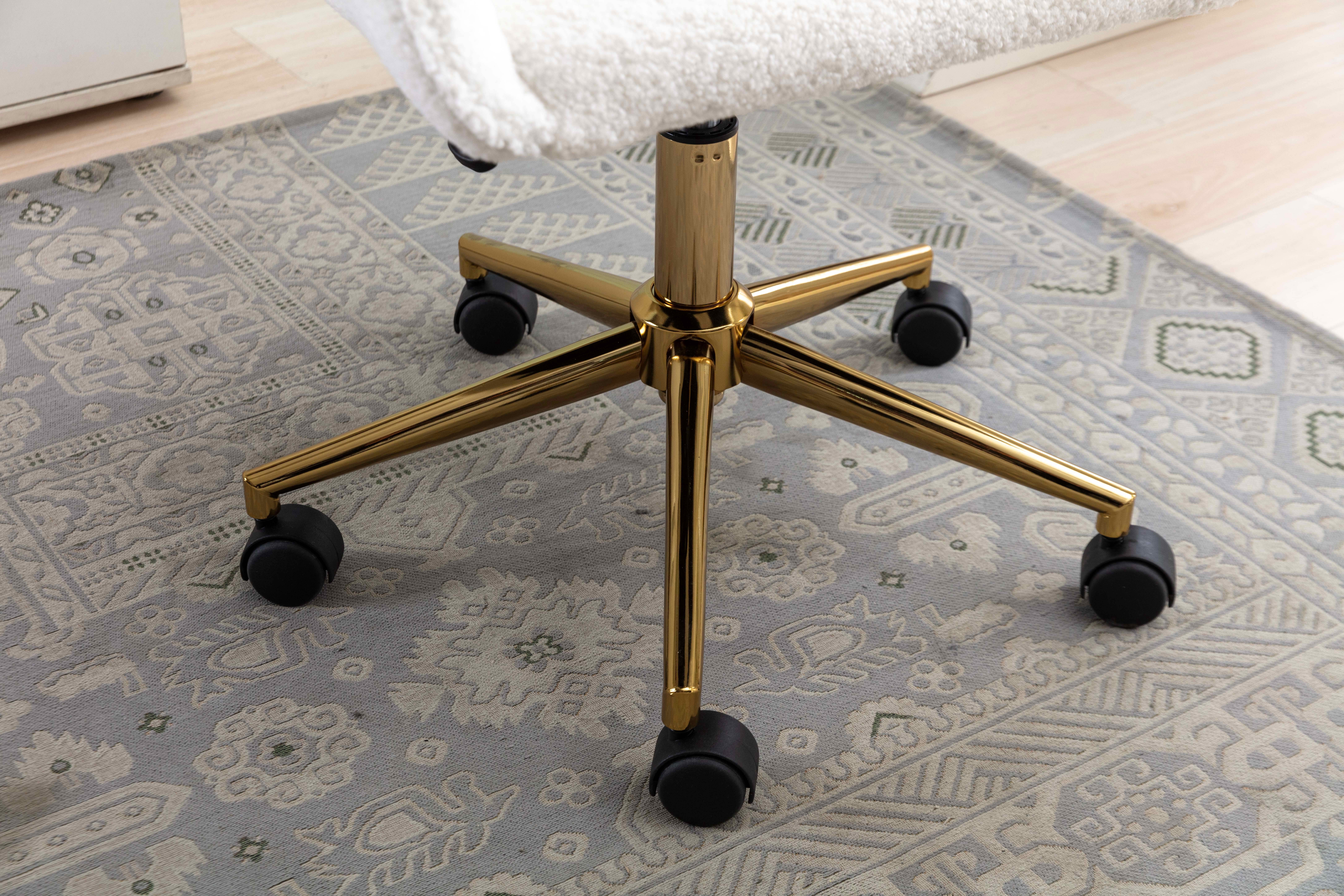 MAYEERTY Modern Teddy Fabric Office Chair, Adjustable Height 360° Revolving with Gold Metal Legs & Universal Wheels, for Indoor Home Office, White