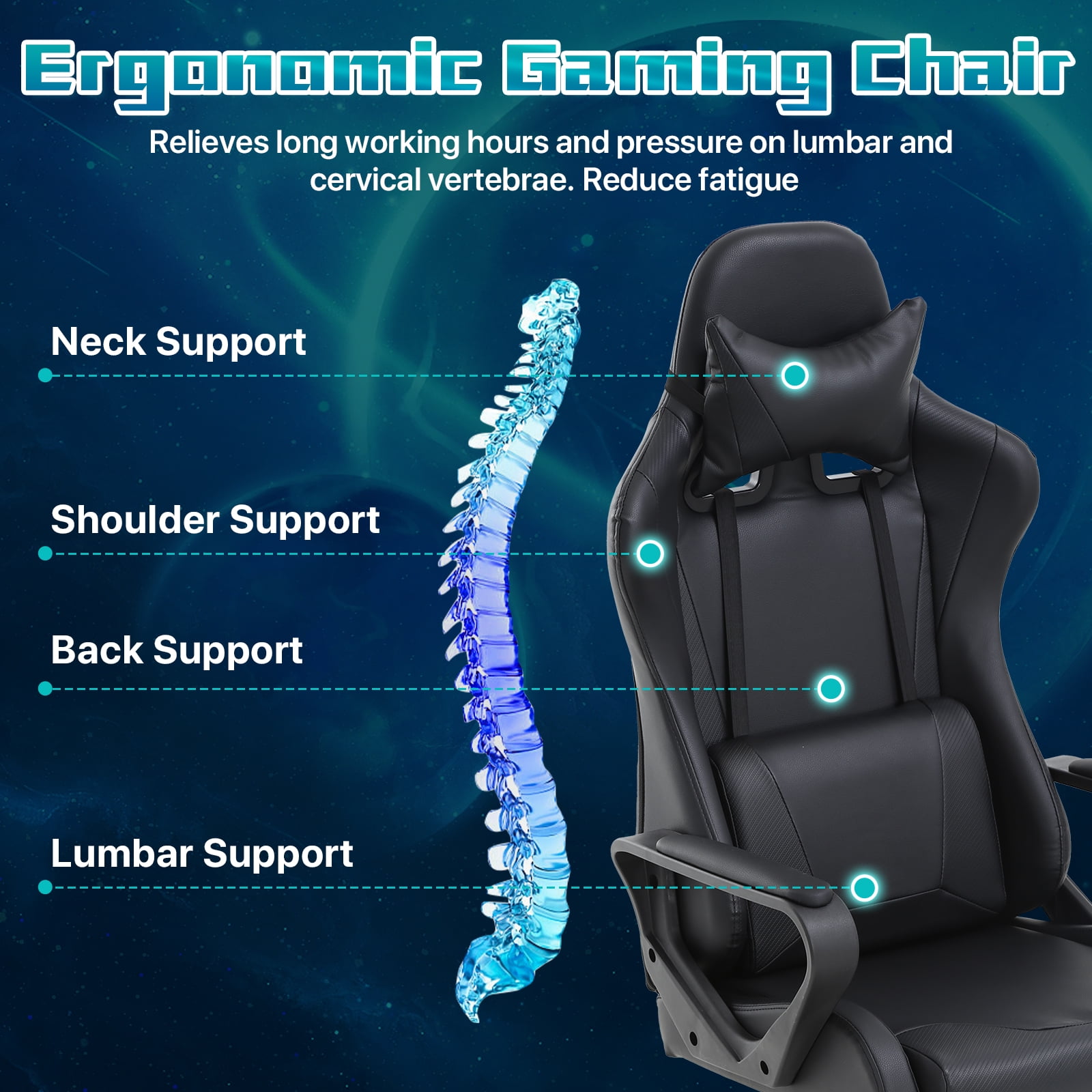 NiamVelo Racing Gaming Chair High-Back Office Chair Pu Leather Gamer Chair Ergonomic Computer Chair with Adjustable Lumbar Support & Headrest for Teens& Adults, Black