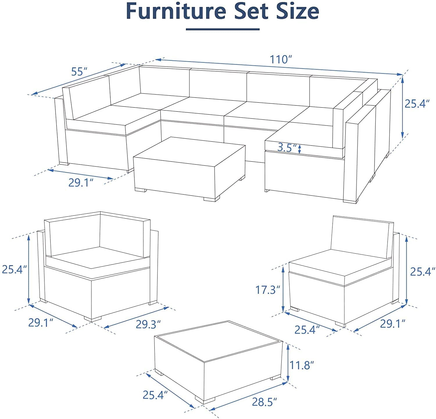 Danrelax 7 Pc Outdoor Patio Sectional Set, Blue and Black Steel with Cushions