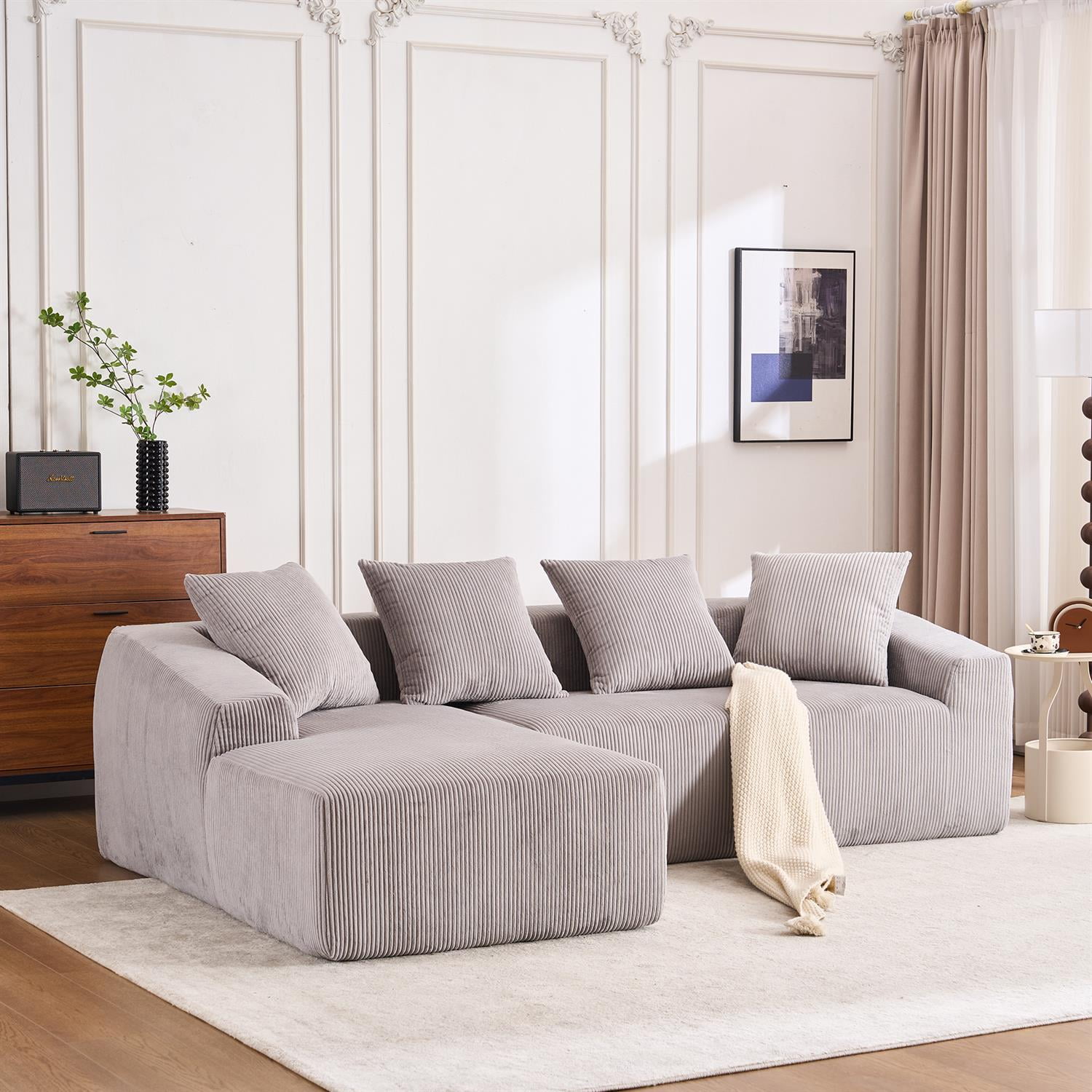 Demi Bonn 101" Corduroy Compression Sofa with Chaise Lounge, 3-Seater Couch with Full Sponge Cushion & 4 Pillows, Ideal for Living Room, Light Gray