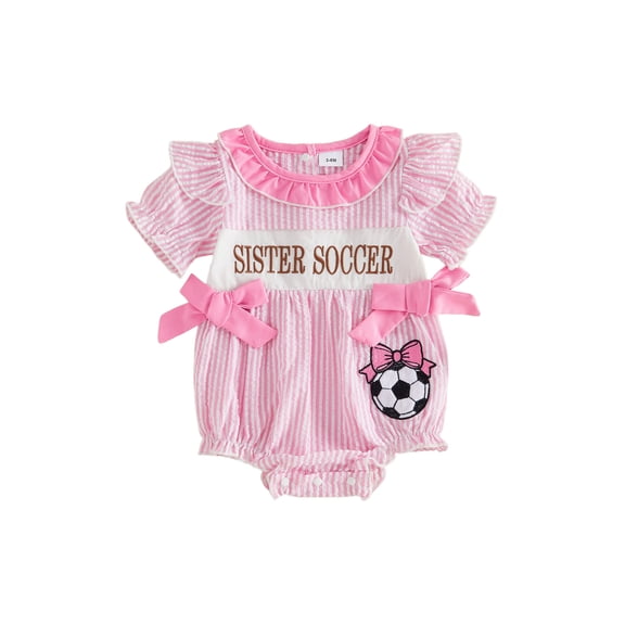 BemeyourBBs Newborn Baby Girls Summer Clothes Infant Baby Girl Football Outfit Striped Bubble Romper Football Sister Scoccer Letter Embroidery Side Bow Short Sleeve Bodysuit Jumpsuit Playsuit