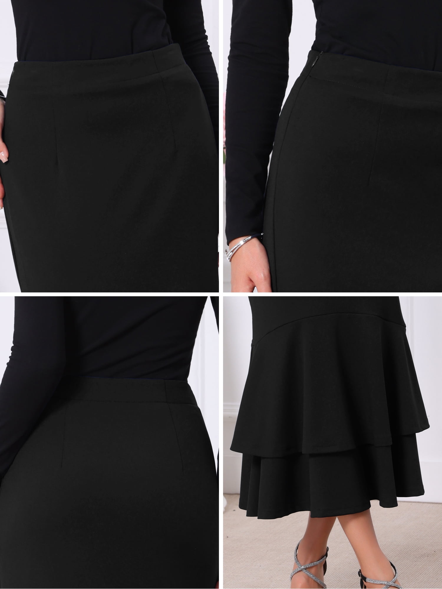 DARING DIVA Women's Ruffle Fishtail Skirt High Waist Bodycon Skirts S Black