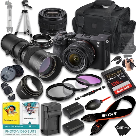 Sony a7C II Mirrorless Camera International Version (No Manufacturer Warranty) w/ 28-60mm Lens & 420-800mm Manual Telephoto   128GB   Extra Battery   Case (21-Pc Bundle)
