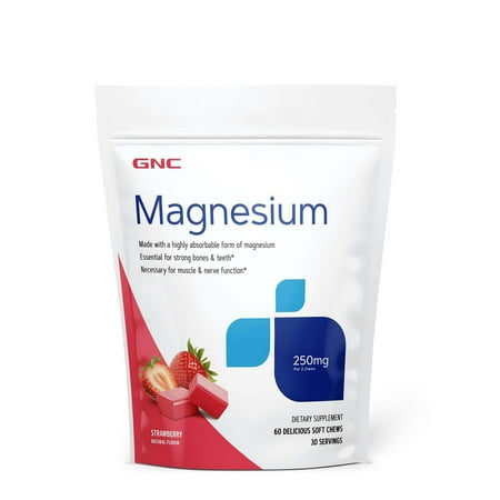 GNC Magnesium Citrate 250mg | Supports muscle, bone, and nerve function | High Absorption Gluten Free and Sugar Free Supplement | Strawberry Soft Chews | 30 Servings