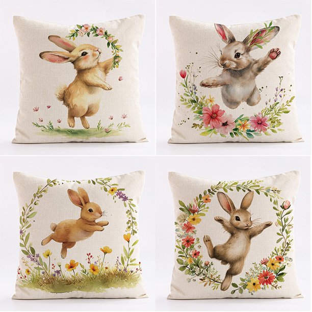Funda de Cojín de Pascua con Estampado de Huevos de Pascua, Conejos, Lino y Vellón Color Melocotón.