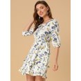 thumbnail image 4 of Unique Bargains Robe Courte à Étages pour Femme à Imprimé Floral, Col Noué, Manches 3/4, 4 of 6