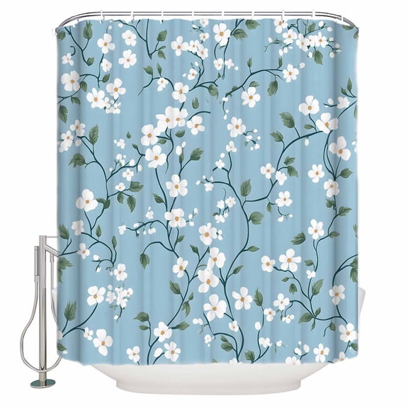 Shower Curtain Bathroom Set Watercolor Country Camellia Waterproof Fabric Shower Curtains with Grommets&Hooks Pastoral Floral on Blue Privacy Bath Curtain for Bathtub 36x72in