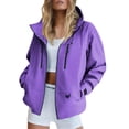 thumbnail image 2 of Casual Solid Color Work Jacket Fashion Casual Women's Solid Color Blouses Long Sleeve Zipper Pocket Hooded Casual Fashionable Top Purple M, 2 of 7