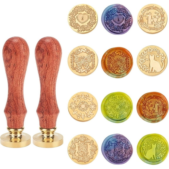 Wax Seal Stamp Kit 6 Pieces Wreath Cat Butterfly Love Series Sealing Wax Stamp Heads 0.98" with 2 Wooden Handles Vintage Wax Seal Kit for Cards Envelopes Invitations Decoration Brown