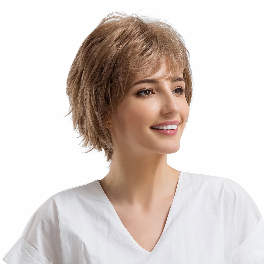 Natural Light Brown Curly Short Hair Wigs Side Parting Human Hair