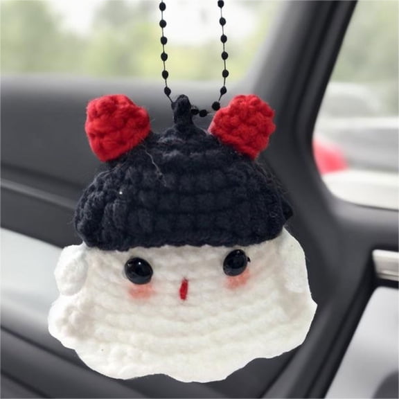 OCCOA Small Ghost Hand-woven Cute Pendant Bag Keychain Crochet, Halloween Ghost Charm for Car Rearview Mirror Bag Decoration, Handmade Boho Car Accessory Gift, White