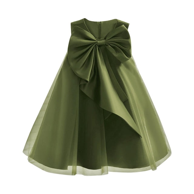 Yanlir Robe Décontractée pour Filles, Robe d'Été Sans Manches pour Enfants, Couleur Unie, avec Nœud devant, Élégante et Confortable, pour Concours, 4-9 Ans (Vert Armée, 7 Ans)
