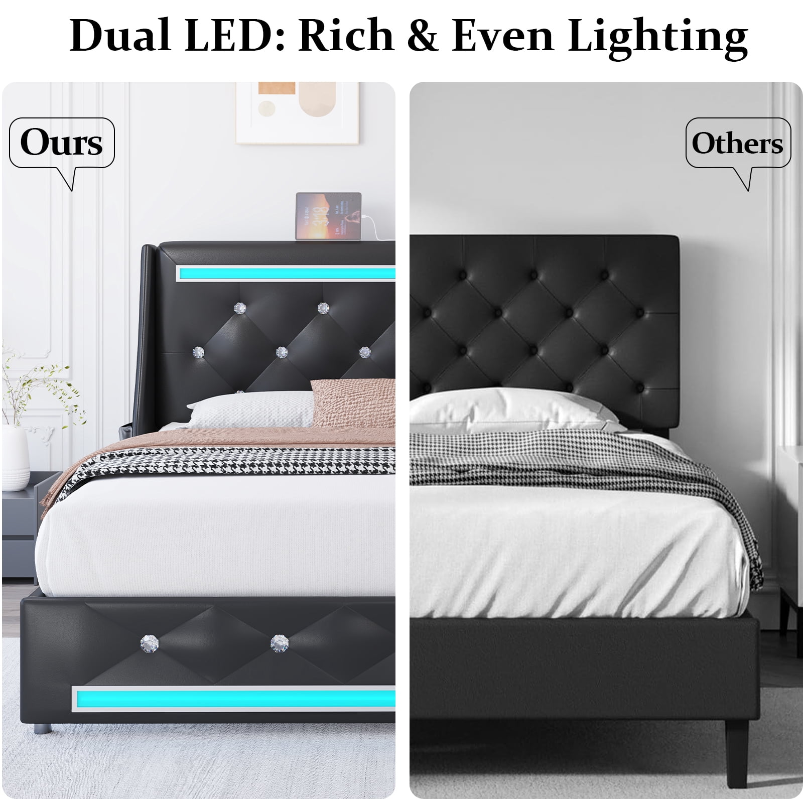 Holiway Full Size LED Bed Frame with Upholstered Headboard, Wingback PU Leather Headboard with Charging Station, Diamond Tufting, Black