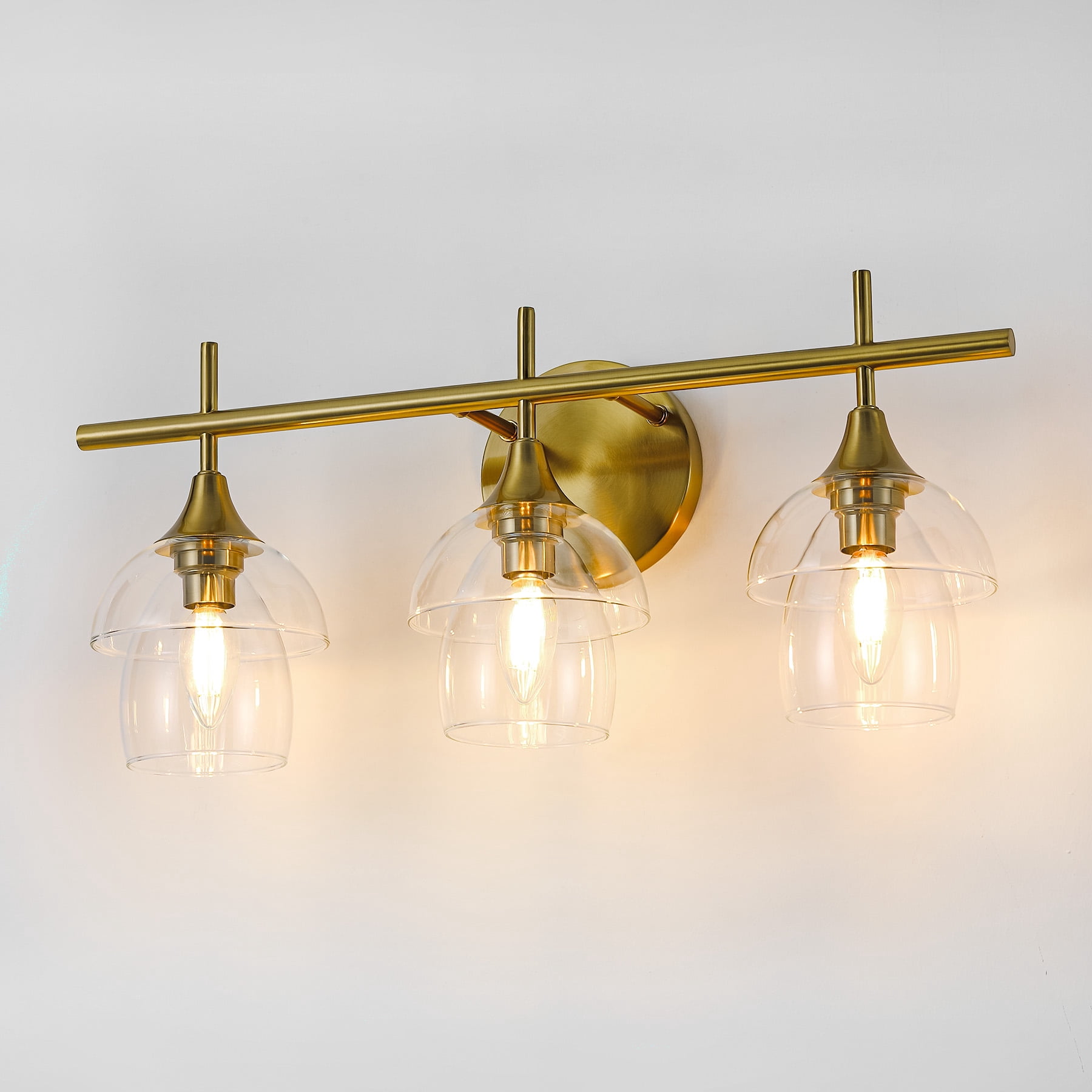 Fnova 3-Light Bathroom Vanity Light with 2-Tier Clear Glass Shade, E12 Base, Anti-Rust Finish for Bathroom Vanity Bedroom