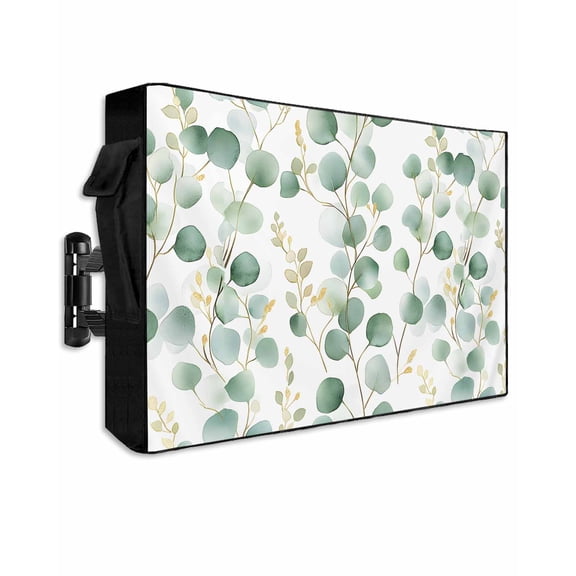 Outdoor TV Cover 70 to 75 Inch Weatherproof, Minimalist Watercolor Waterproof TV Screen Protector for Outside Decor with Zipper and Pocket 68"L x 42"H , Eucalyptus Leaves Print Green