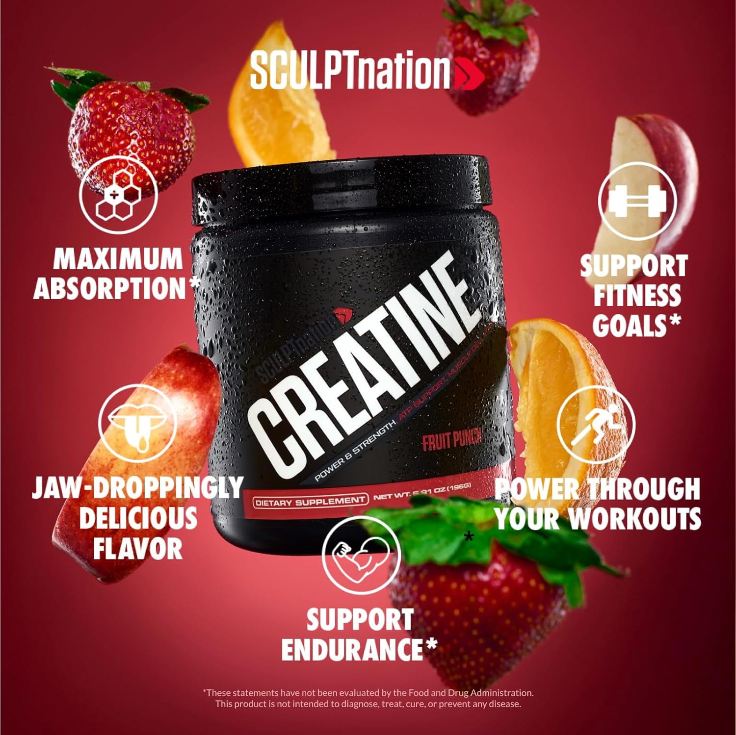Sculpt Nation Muscle and Energy Support Creatine Monohydrate Amino Acid Supplement Powder, Fruit Punch, Workout Recovery, 30 Servings