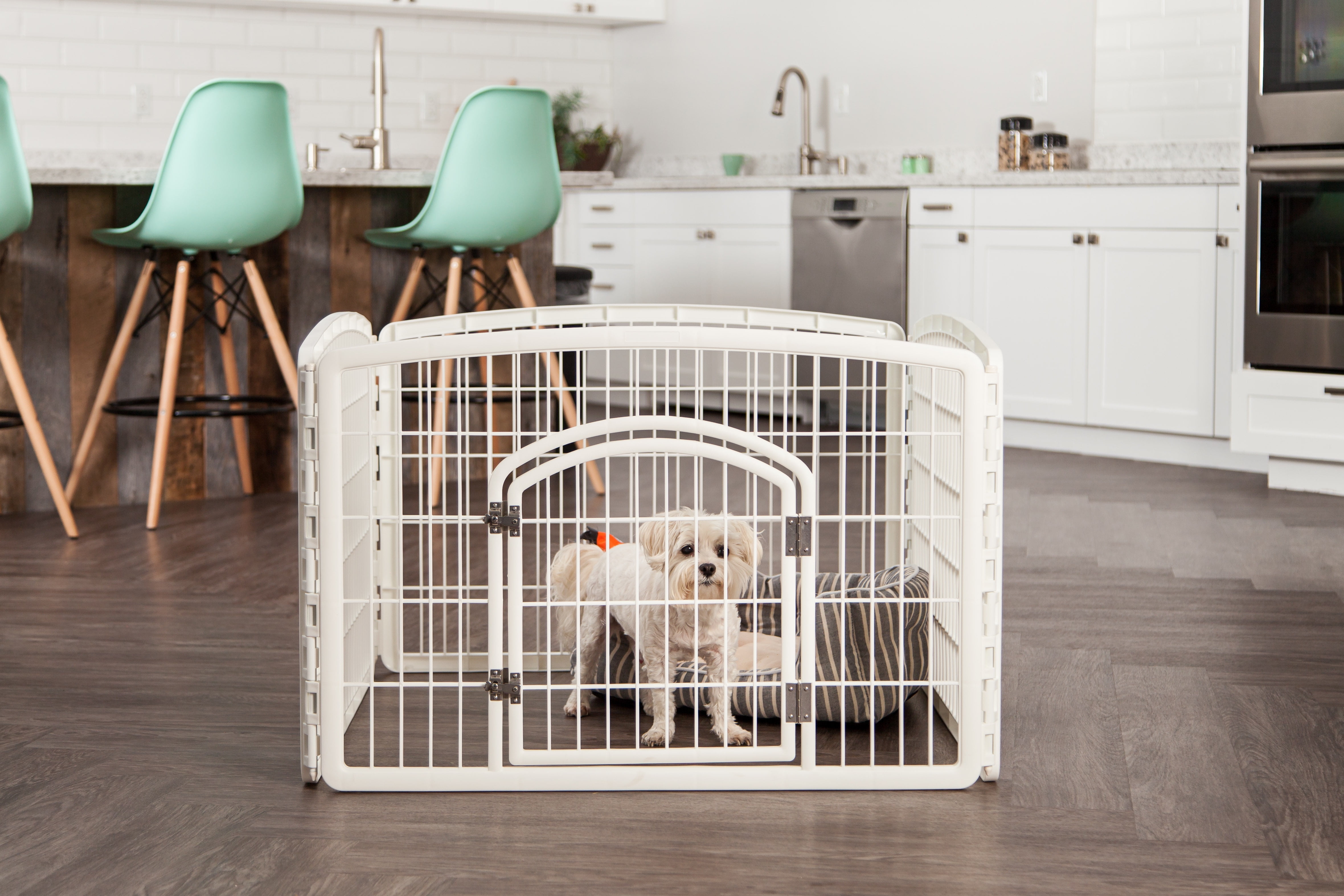 IRIS USA Dog Playpen, 4-Panel 24" Pet Playpen with Door, Puppy Playpen, Indoor/Outdoor Dog Pen, 35 x 35 x 24, Foldable, Customizable, White
