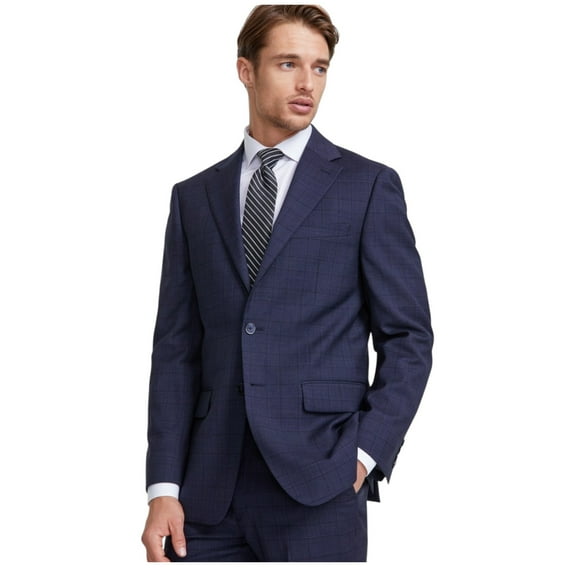 Calvin Klein Mens Slim fit Suit Jacket Blazer 42 L Navy Blue Plaid Stretch Wool