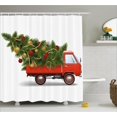thumbnail image 1 of Christmas Shower Curtain Set, Red Retro Farm Truck and Big Christmas Tree with Decorations Tinsel Balls Candy, Bathroom Decor, White Red Green, by Ambesonne, 1 of 1