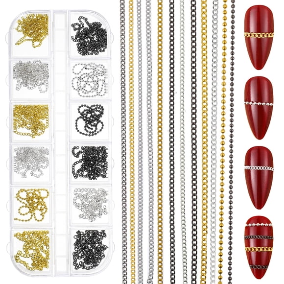 Cadenas de metal para decoración de uñas JIYIN, 12 tiras con caja dorada y plateada