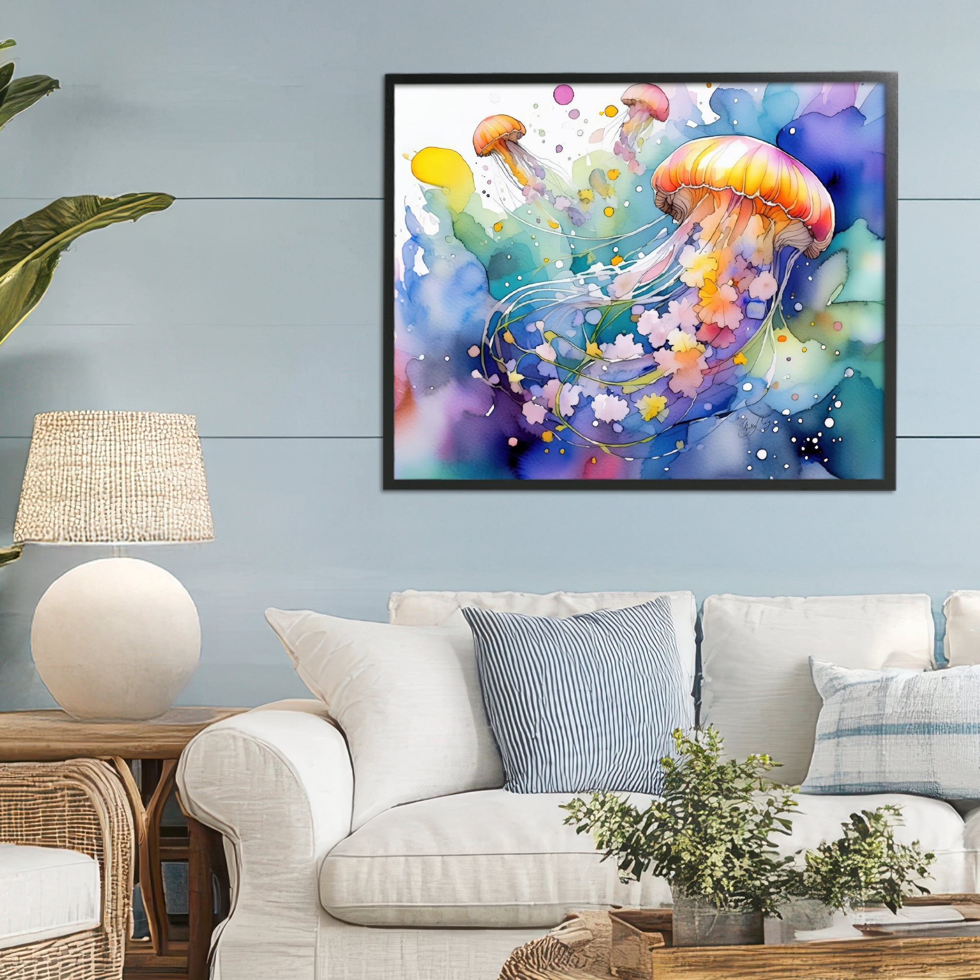 Stupell Industries Neon Jellyfish Underwater Black Framed Giclee Art, design by Shelly Craig