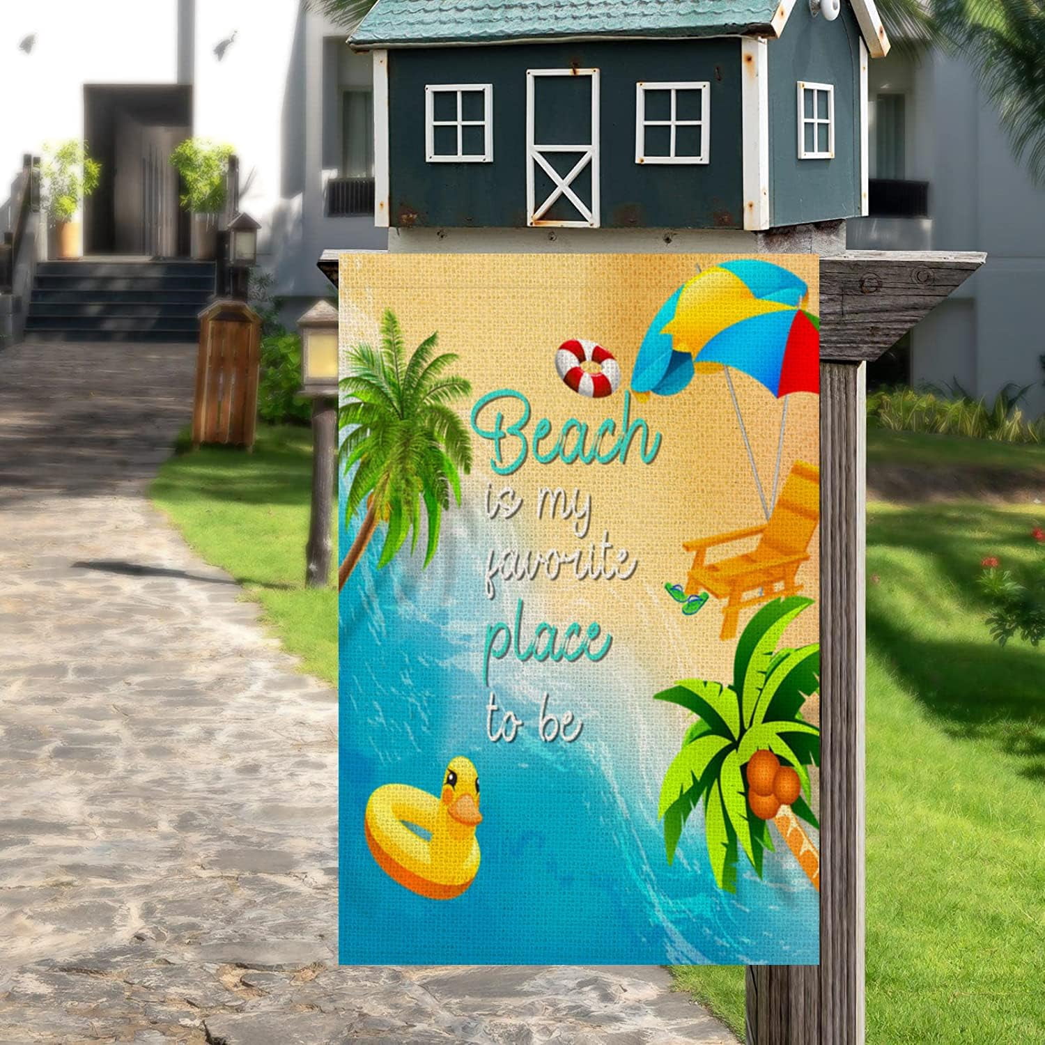 Welcome Summer Beach Decorative Garden Flag Tropical Hawaii Palm Leaves Coastal Outside Decorations Nautical Duck Swim Ring Beach Umbrella Yard Outdoor Decoration 12.5x18 Double Sided