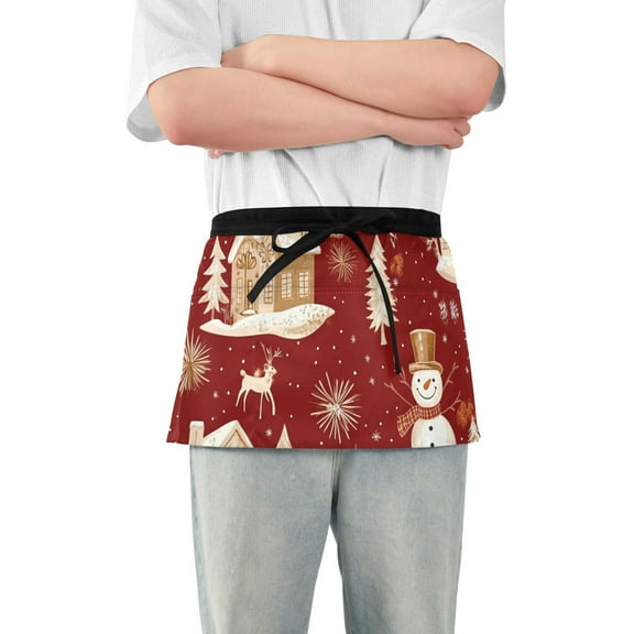 Christmas Snowmans Houses Red Waist Apron Adjustable Server Half Apron Kitchen Cooking with 3 Pockets for Men Women