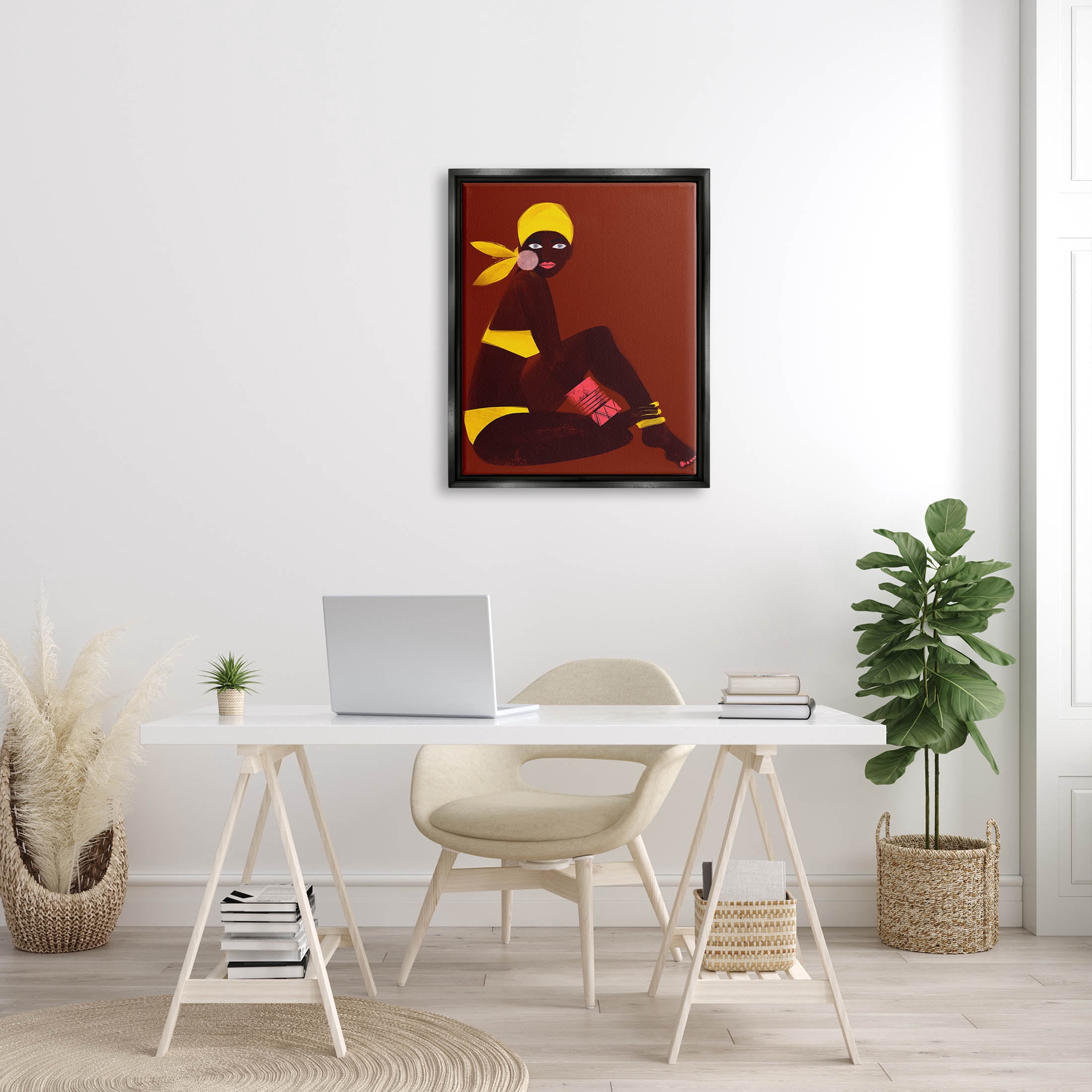 Woman Sitting Yellow Swimsuit Abstract Graphic Art Jet Black Framed Art Print Wall Art