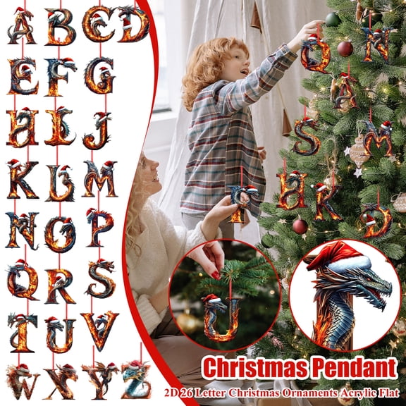 3.15Inch 2D Acrylic Initial with Dragon Christmas Ornaments for Tree Decorations, 26 Letter Decorative Hanging Christmas Alphabet Letters DIY Craft Ornaments for Christmas Tree