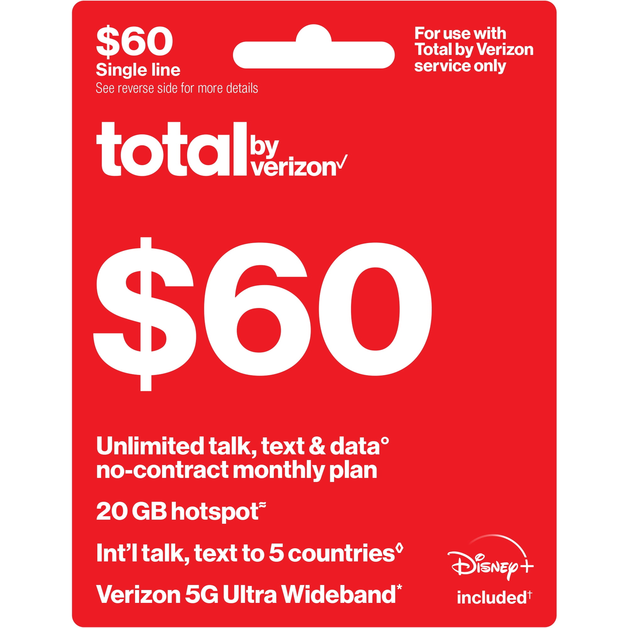 Total by Verizon $60 No-Contract Single-Device Unlimited Talk, Text & Data Plan + 20GB Hotspot Data + Int'l Calling & Disney+ Direct Top Up