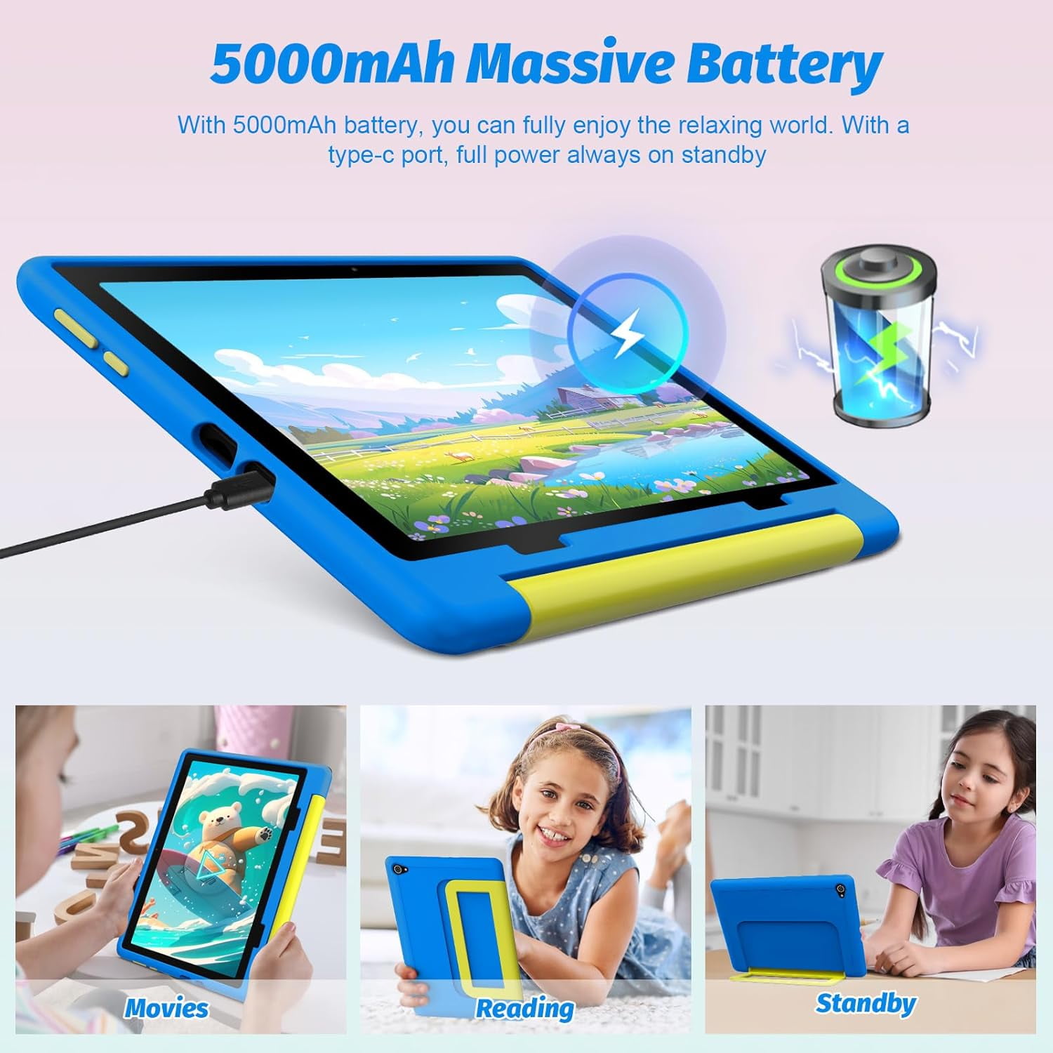 AEEZO Kids Tablet, 10 Inch Android 14 Tablet for Kids Ages 3-12, Octa-Core 8+64GB, 1 TB Expandable,Parental Control, Pre-Installed KIDOZ with Shockproof Case (Blue)