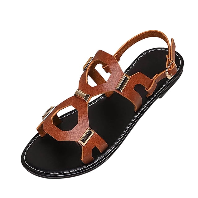 Cinturón de Cuero de Patente Negro Estilo de las Mujeres Hueco Fuera Sandalias Planas, Sandalias de Playa Negras para las Mujeres de Verano de Tamaño Grande