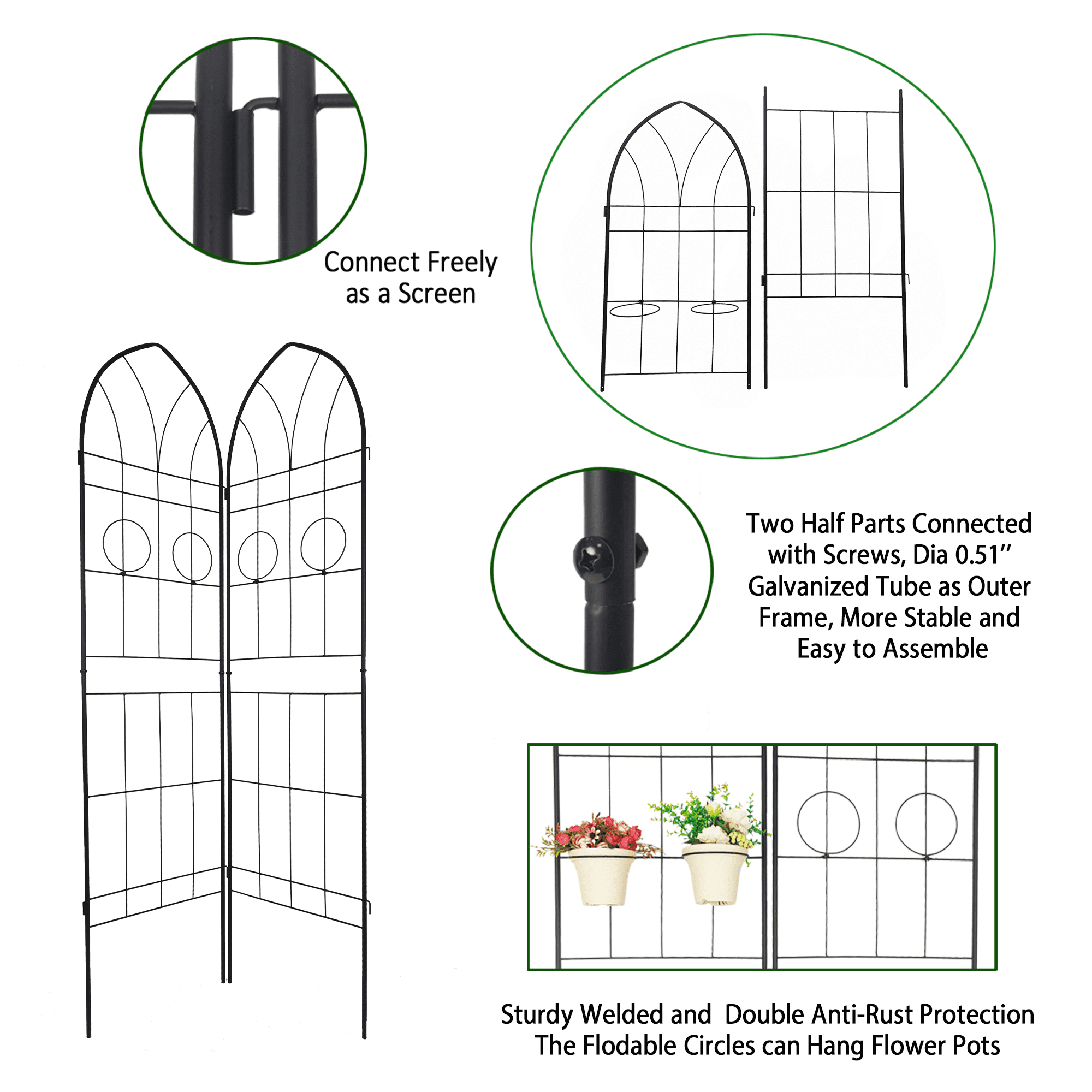 Yesfashion Garden Trellis, Plant Stand Outdoor with 2 Pot Racks, Metal Galvanized Pipe, Rust-proof Metal Garden Bracket for Jasmine, Grapes, Blackberries, Cucumbers