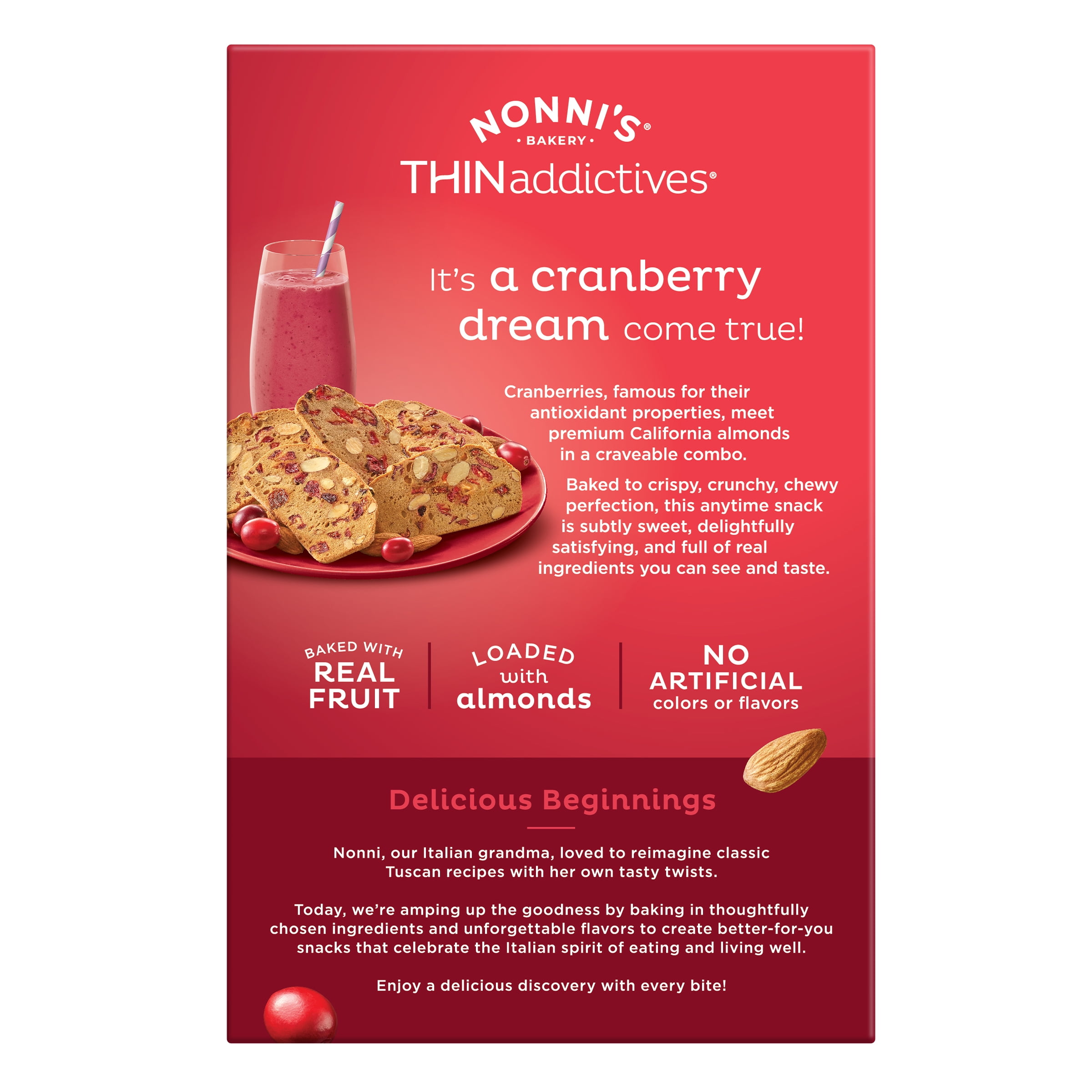 (3 pack) Nonni's THINaddictives Cranberry Almond Thin Cookies, 18 Count - 6 packs of 3 Cookies, 4.4 oz. Individually Wrapped. Artisan Baked.