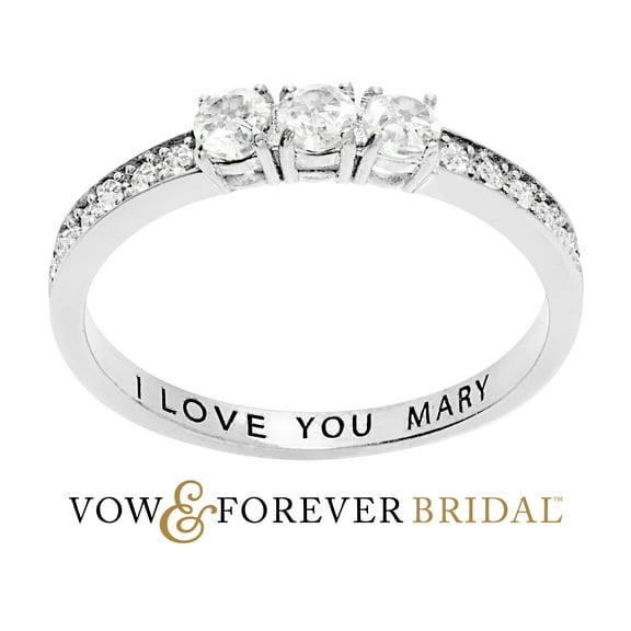 Vow & Forever Personalized Planet Bridal Platinum over Sterling Silver Brilliant White Topaz Three Stone Engraved Wedding Ring ,Women's