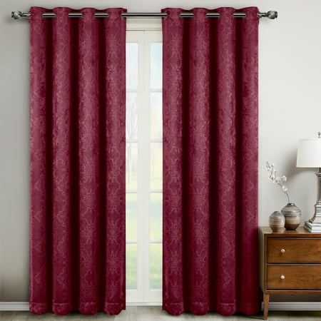 Bella Pair (Set of 2) Blackout Weave Embossed Grommet Energy-efficient Curtain Panels - Burgundy -