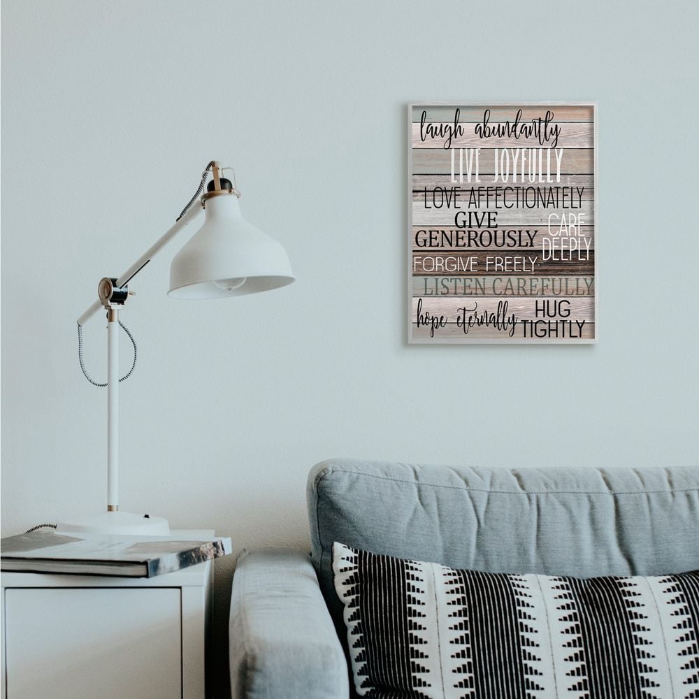 Stupell Industries Live Joyfully Phrases on Wood Grain Brown Tan Teal Framed Wall Art Design by Kim Allen, 16" x 20", Gray Framed
