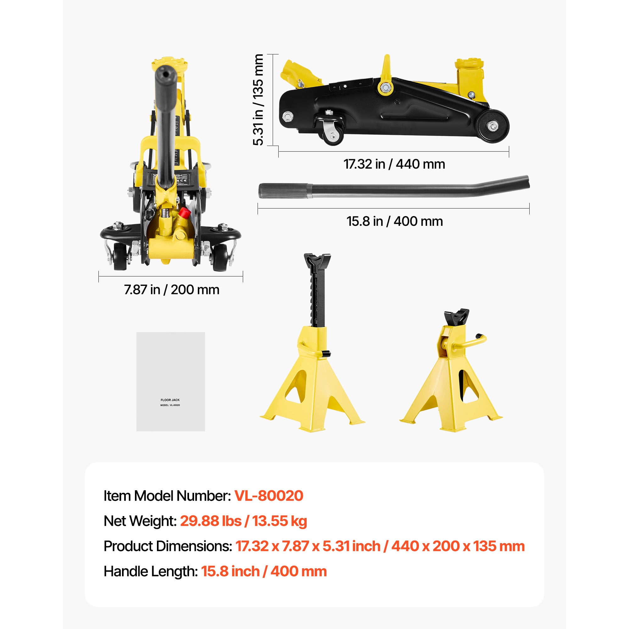 KFFKFF Low Profile Floor Jack, 2 Ton Capacity, Steel Hydraulic Racing Jack with Stands, Single Piston Quick Lift Pump, Trolley Car Lift for Compact SUVs, Lifting Range 5.1-12.2 Inches